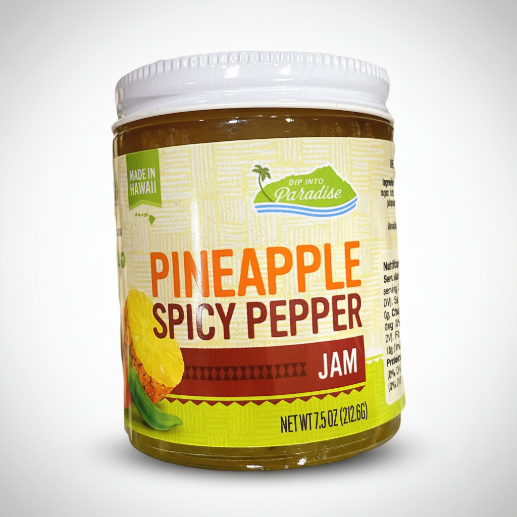 Jar of pineapple spicy pepper jam with a white lid on a white background
