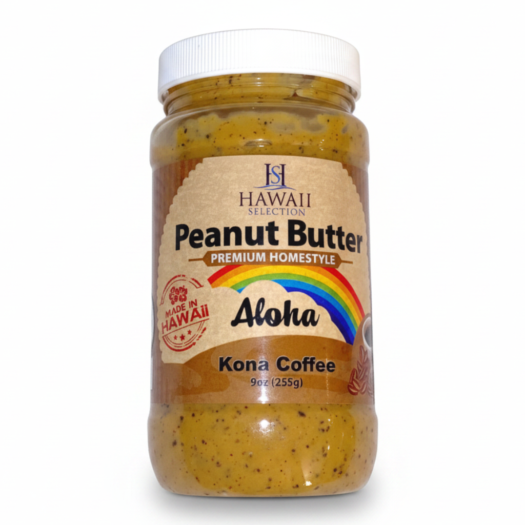 Jar of Hawaii Selection Peanut Butter with Kona Coffee flavor on a white background