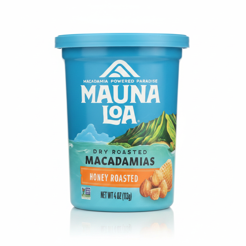 Mauna Loa dry roasted macadamias container with blue lid and label.
