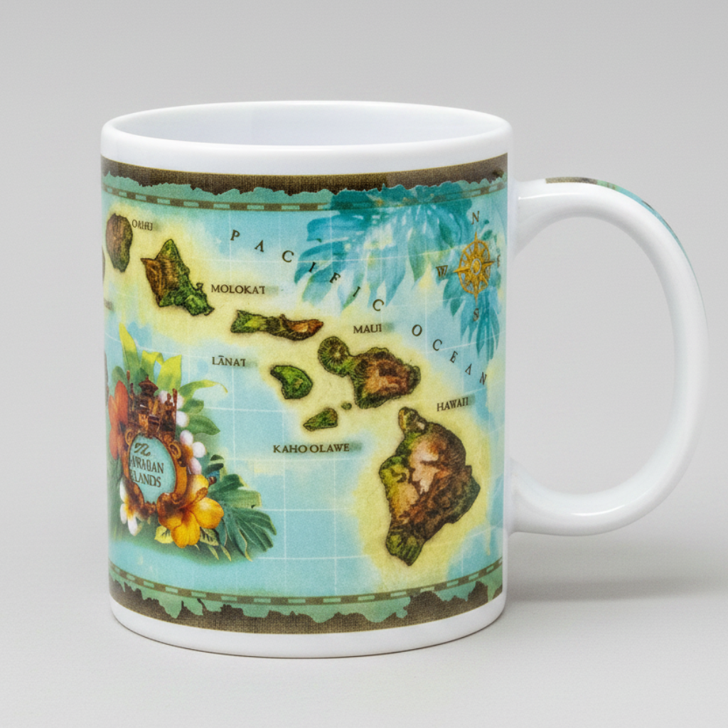 Mug with a Hawaiian Islands map design on a white background