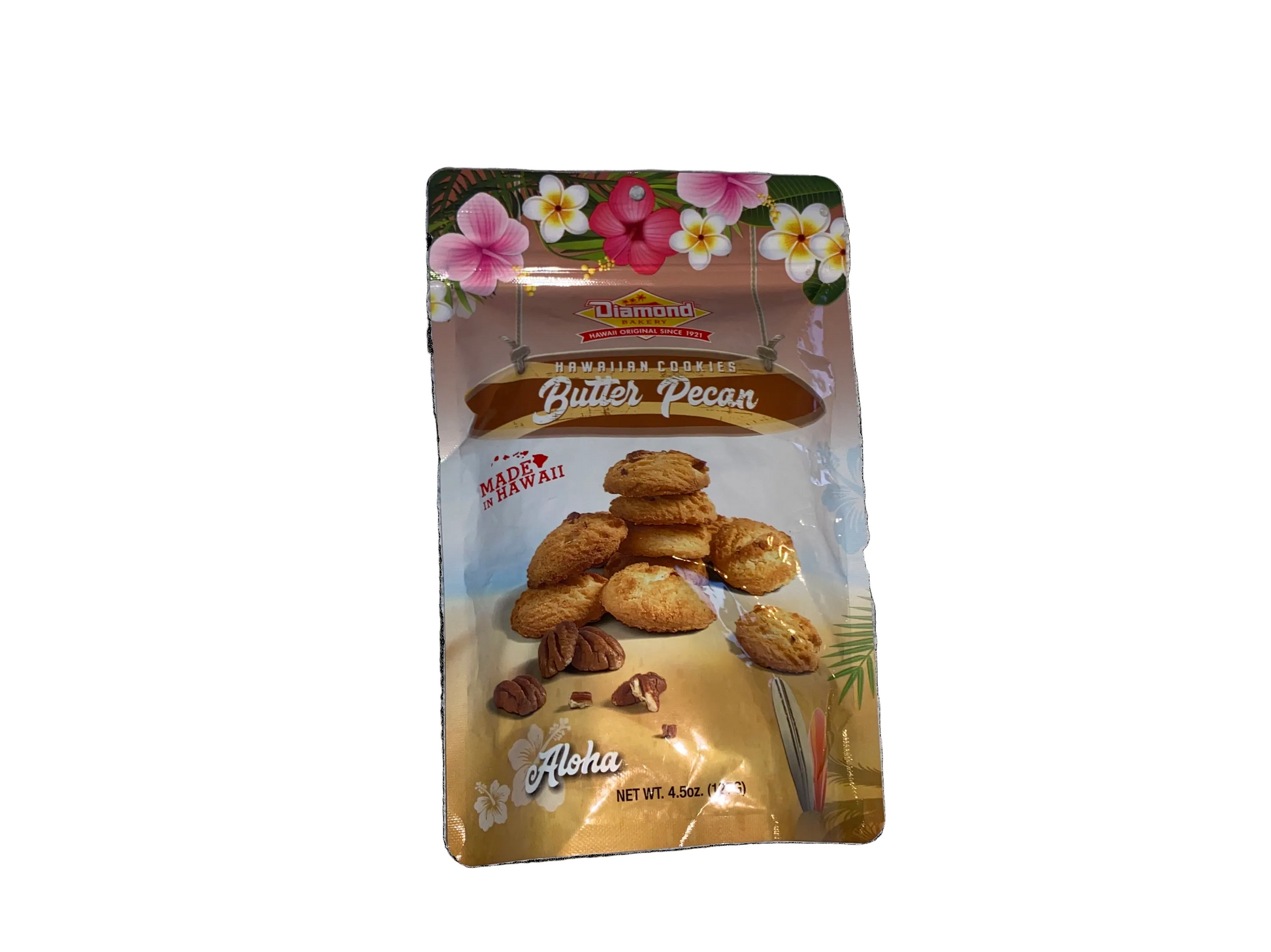 Packaged snack with floral design on the top and cookie image on the side