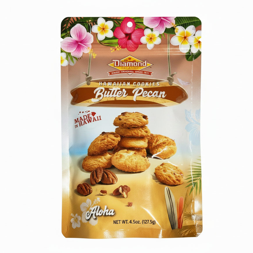 Packaged snack with floral design on the top and cookie image on the side