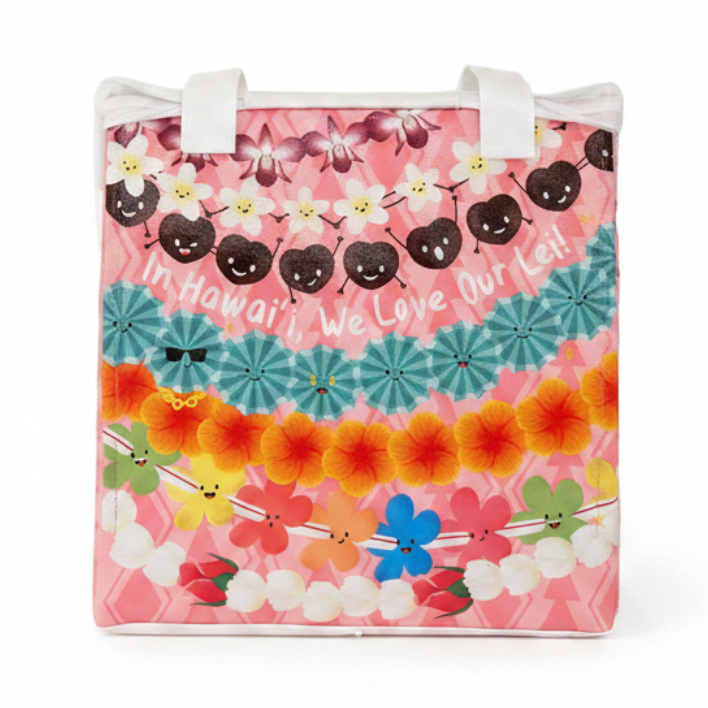 Floral and cartoon character bag with text on a white background