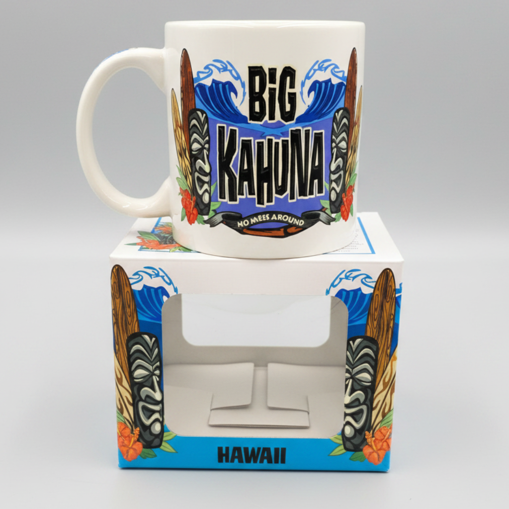 Mug with 'Big Kahuna' text in a decorative box on a white background