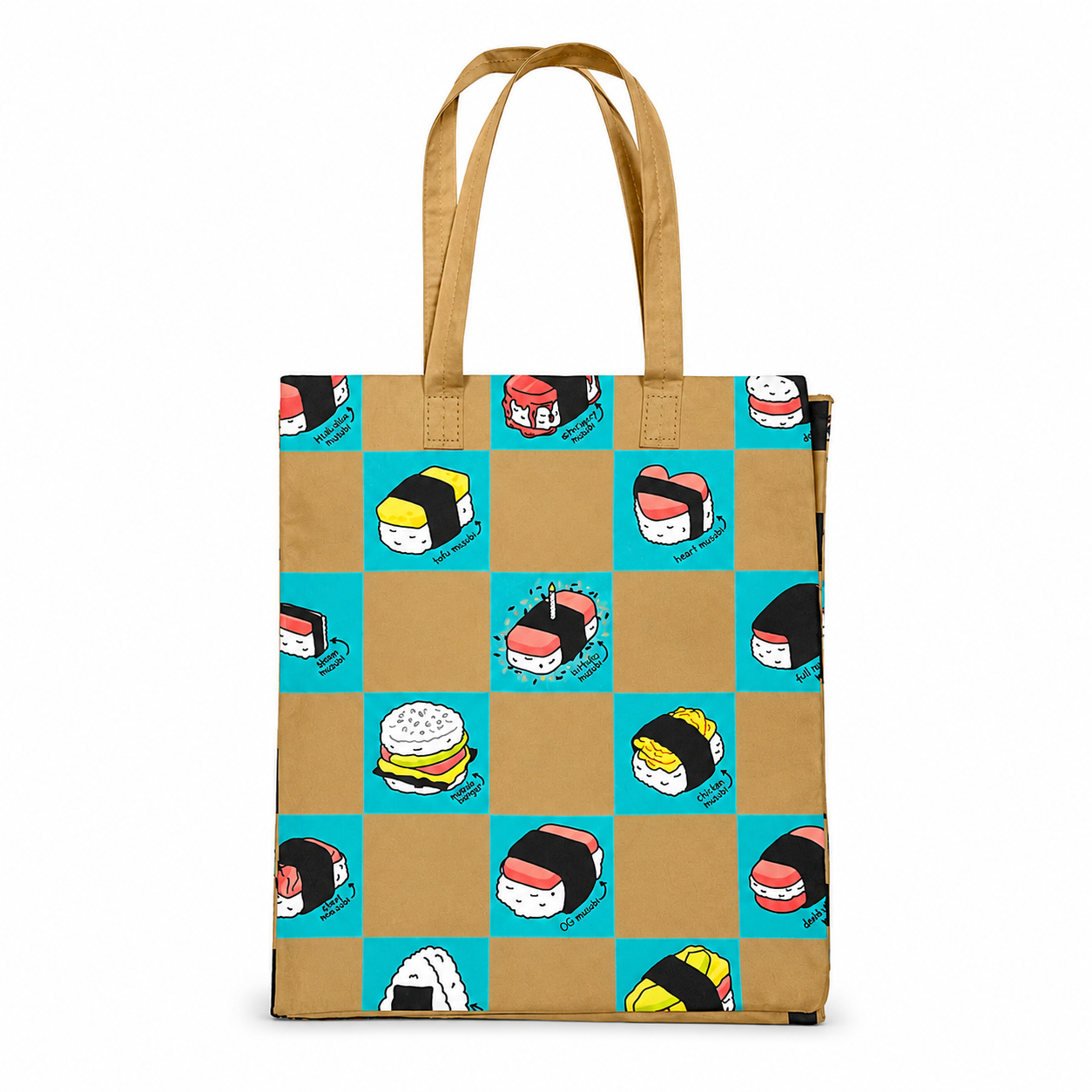 A canvas tote bag with a tan and turquoise checkered pattern, decorated with cartoon sushi illustrations, on a solid white background.