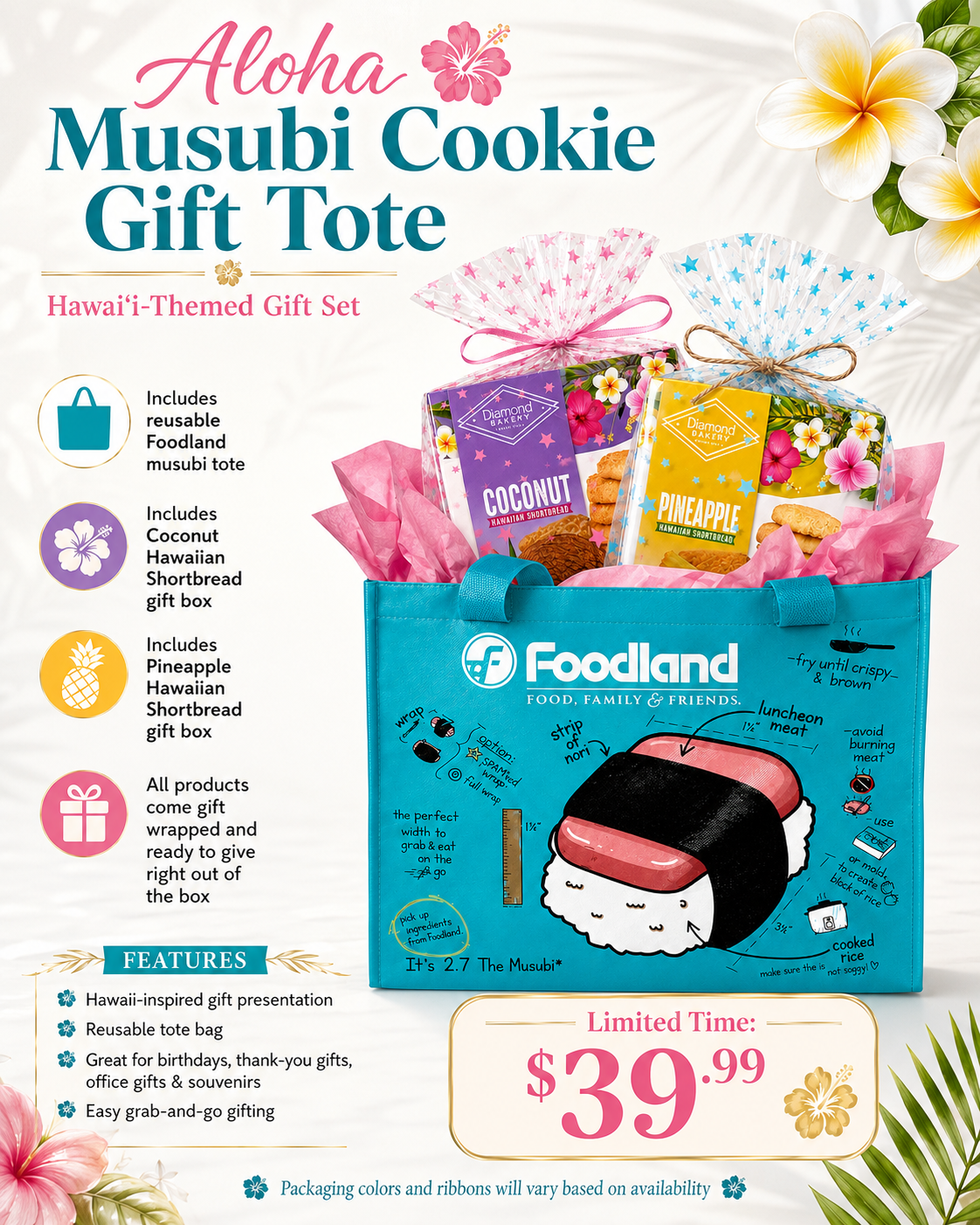 Musubi Cookie Gift Tote from Foodland, a Hawaii-themed gift set in a bright teal bag with a sushi illustration, filled with assorted cookies and wrapped in pink and purple paper. The ad includes product descriptions, pricing of $39.