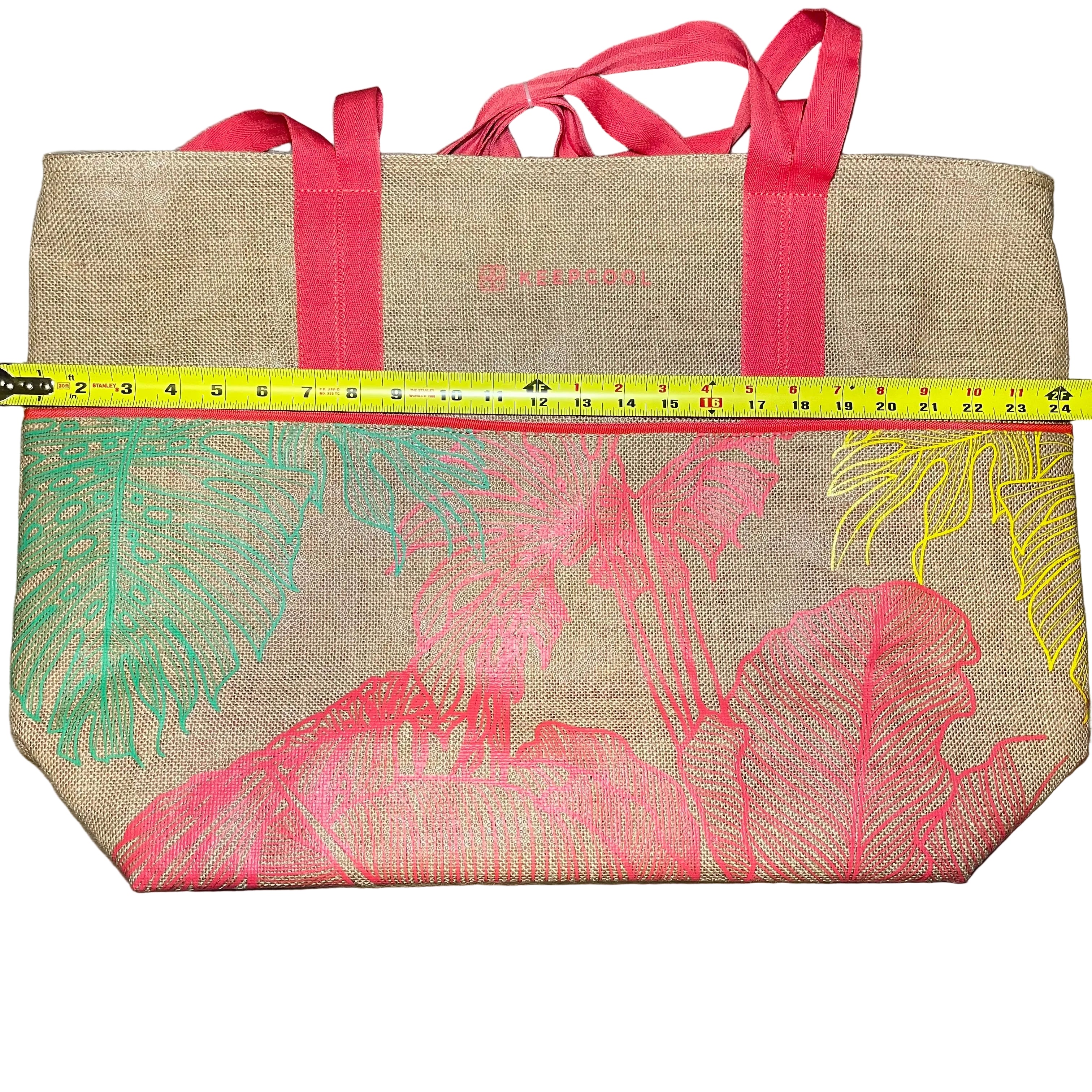 Canvas Tropical Leaf Red Extra Large Shopping Cooler Tote Bag