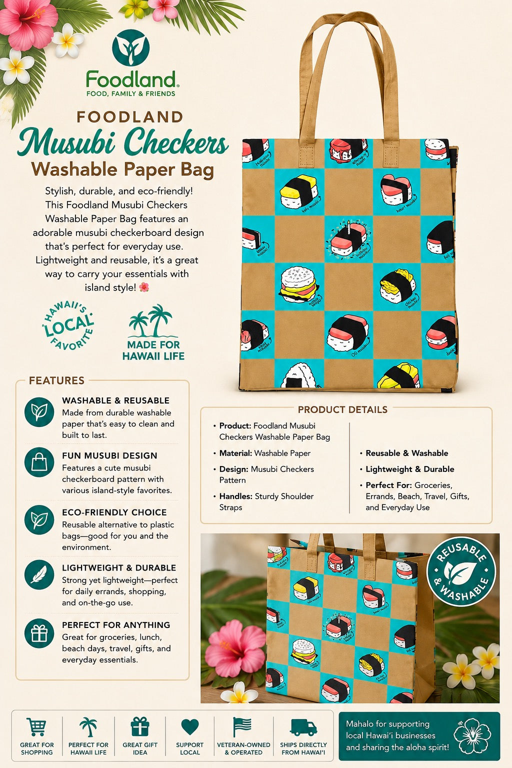 Foodland Musubi Checkers Paper Tote Bag