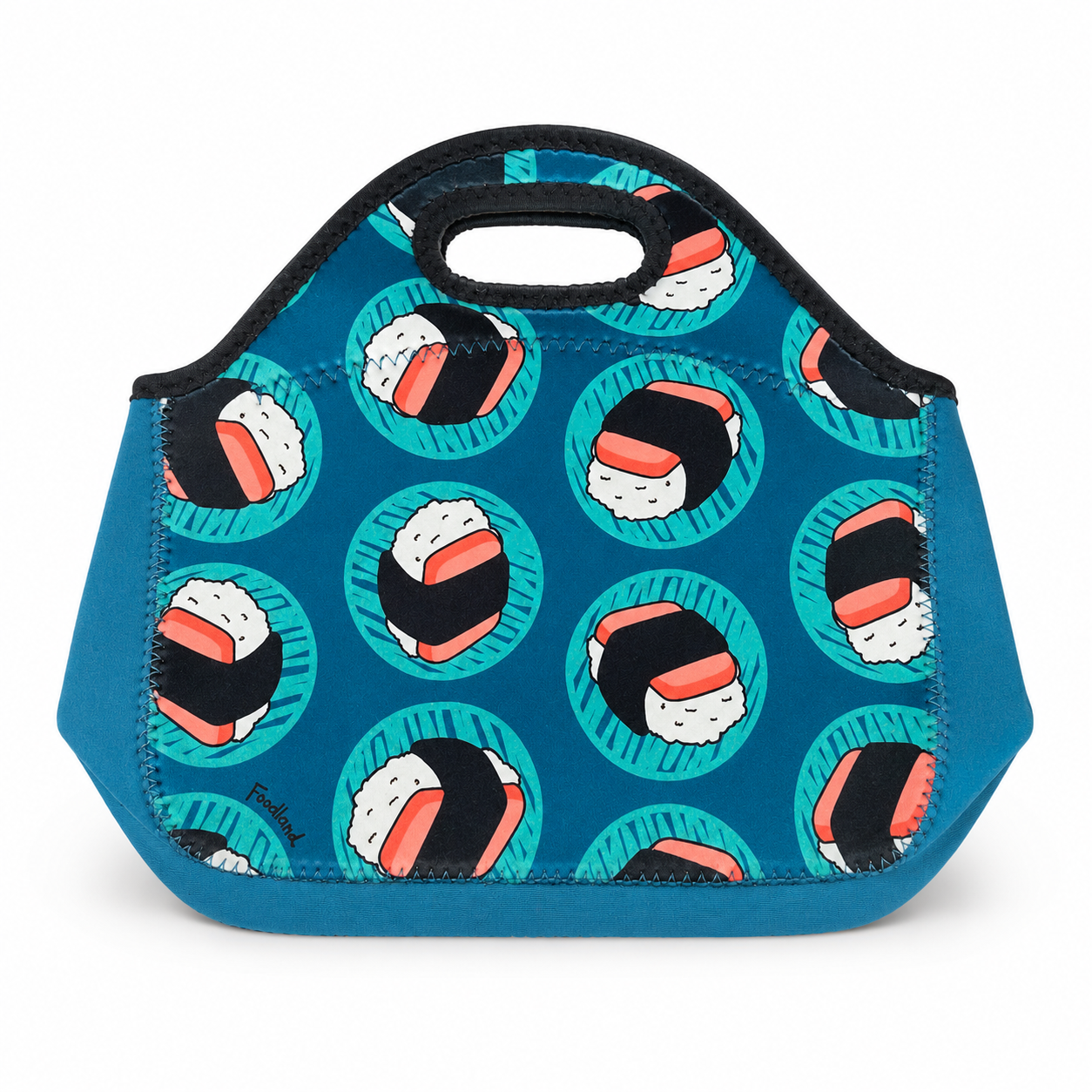 A blue neoprene lunch bag with a repeating sushi pattern, featuring a black carrying handle and black trim, set against a plain white background.