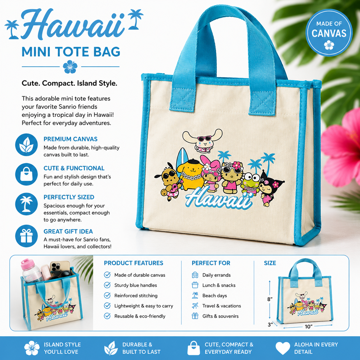 Hello Kitty Hawaiʻi Canvas Mini Tote Bag – Blue Trim Character Island Tote