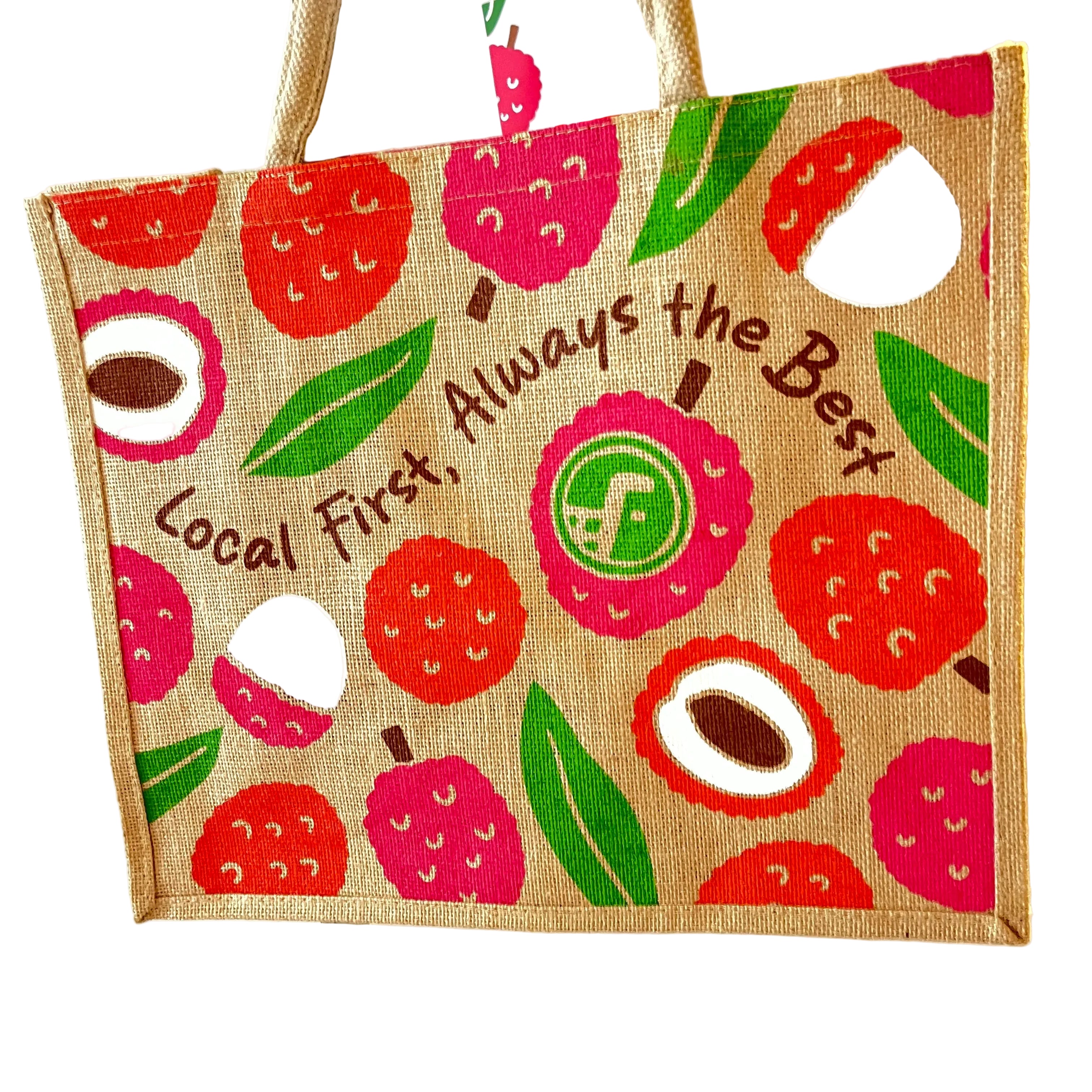 Jute bag with Lychee pattern and text on a white background