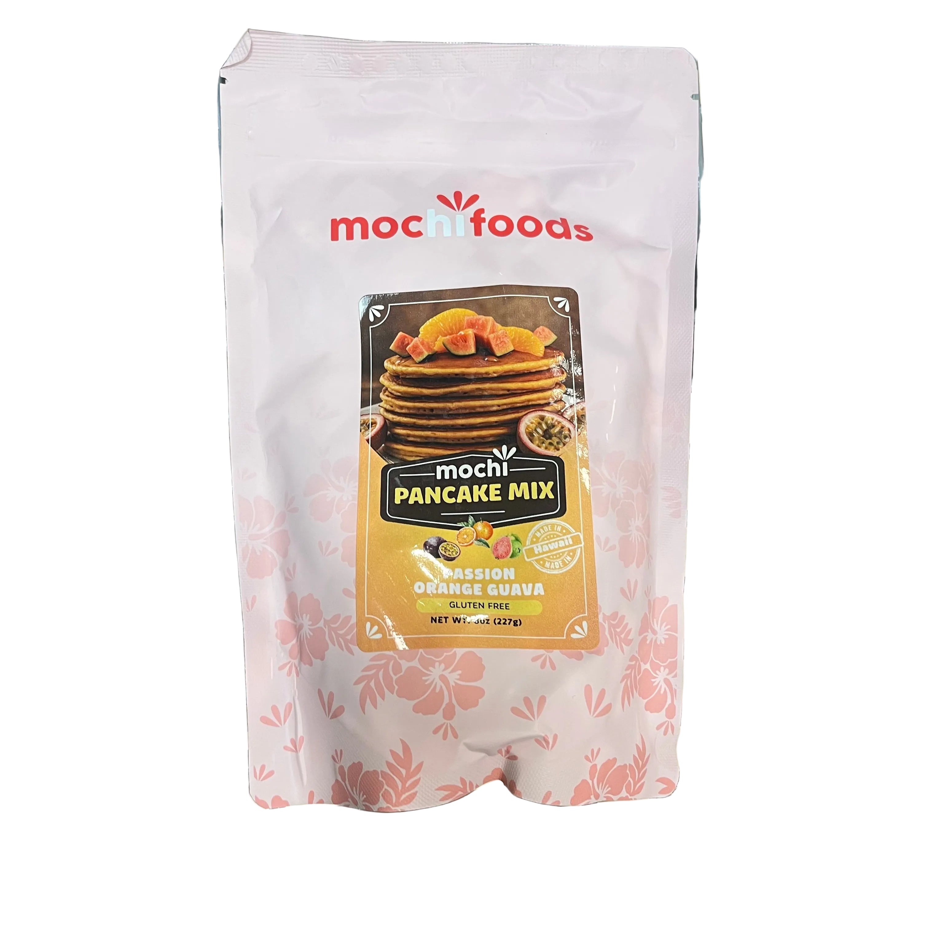 Mochi Foods pancake mix package on a metal surface