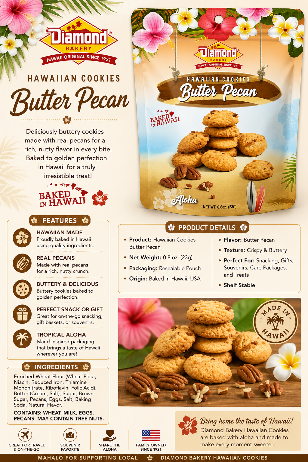 Diamond Bakery Hawaii  Butter Pecan Flavor Snack Size 0.8oz
