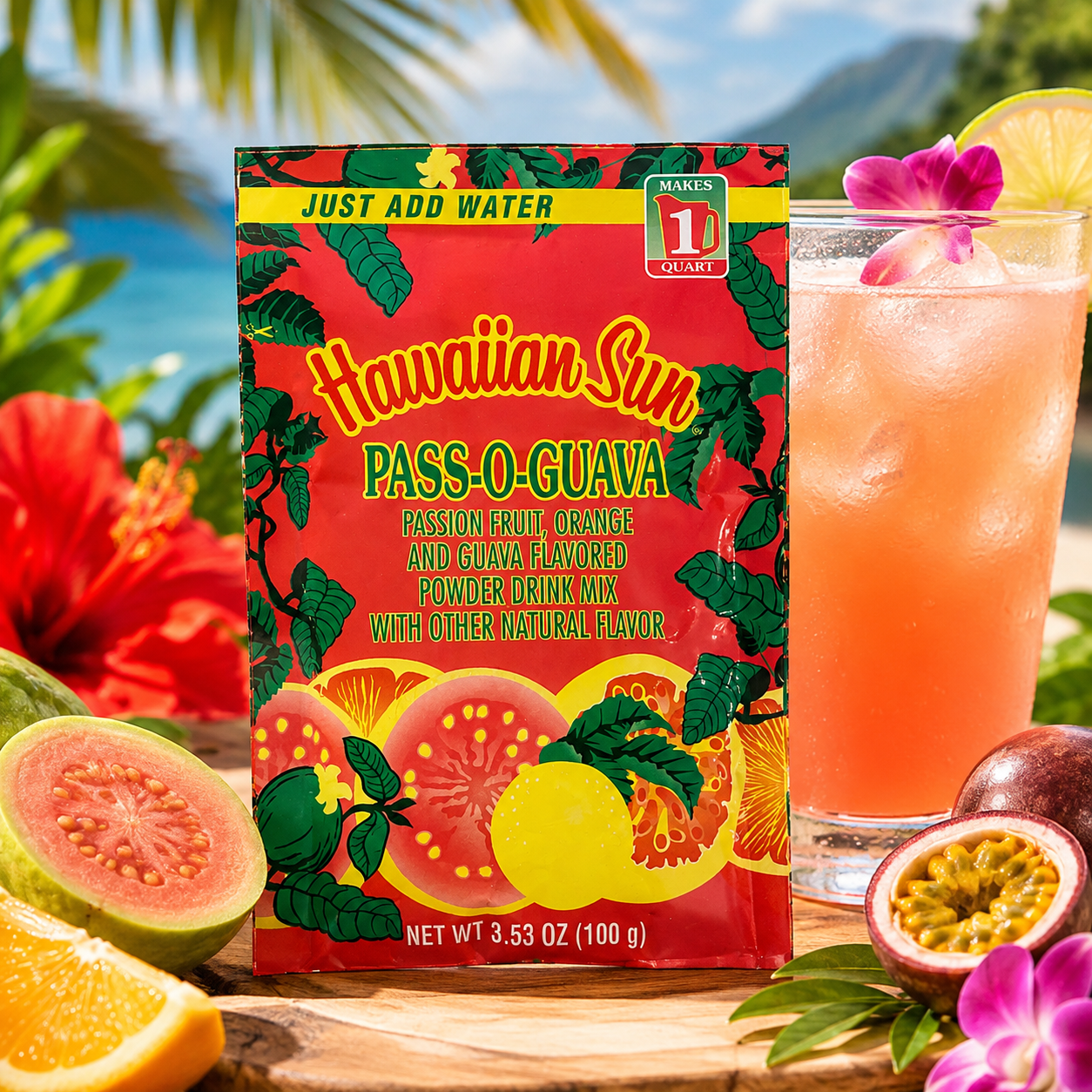 Hawaiian Sun Powder Mix Pass-O-Guava, Just Add Water (1 Packet)