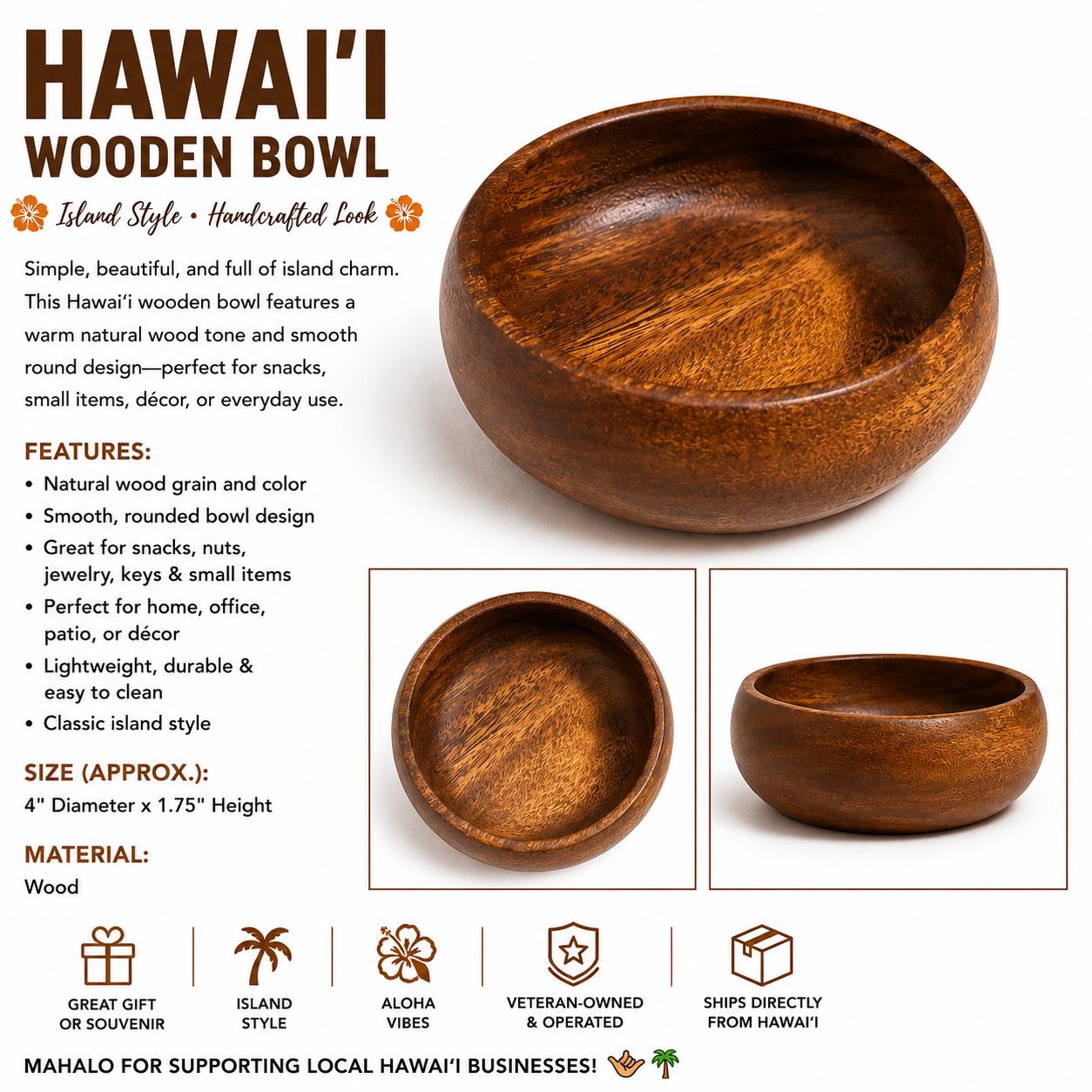 Hawaiʻi Wooden Mini Snack Bowl – Natural Island Style Wood Bowl