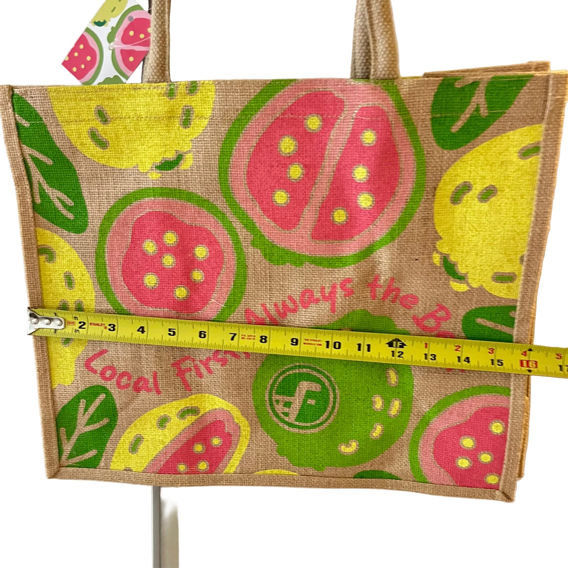 Jute bag with guava pattern and tape measure for size reference