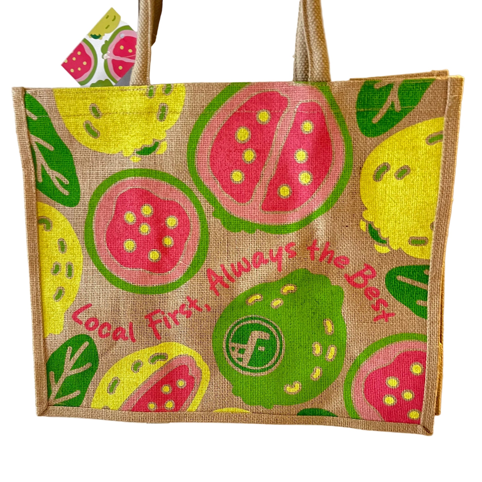 Jute bag with guava pattern and text on a white background