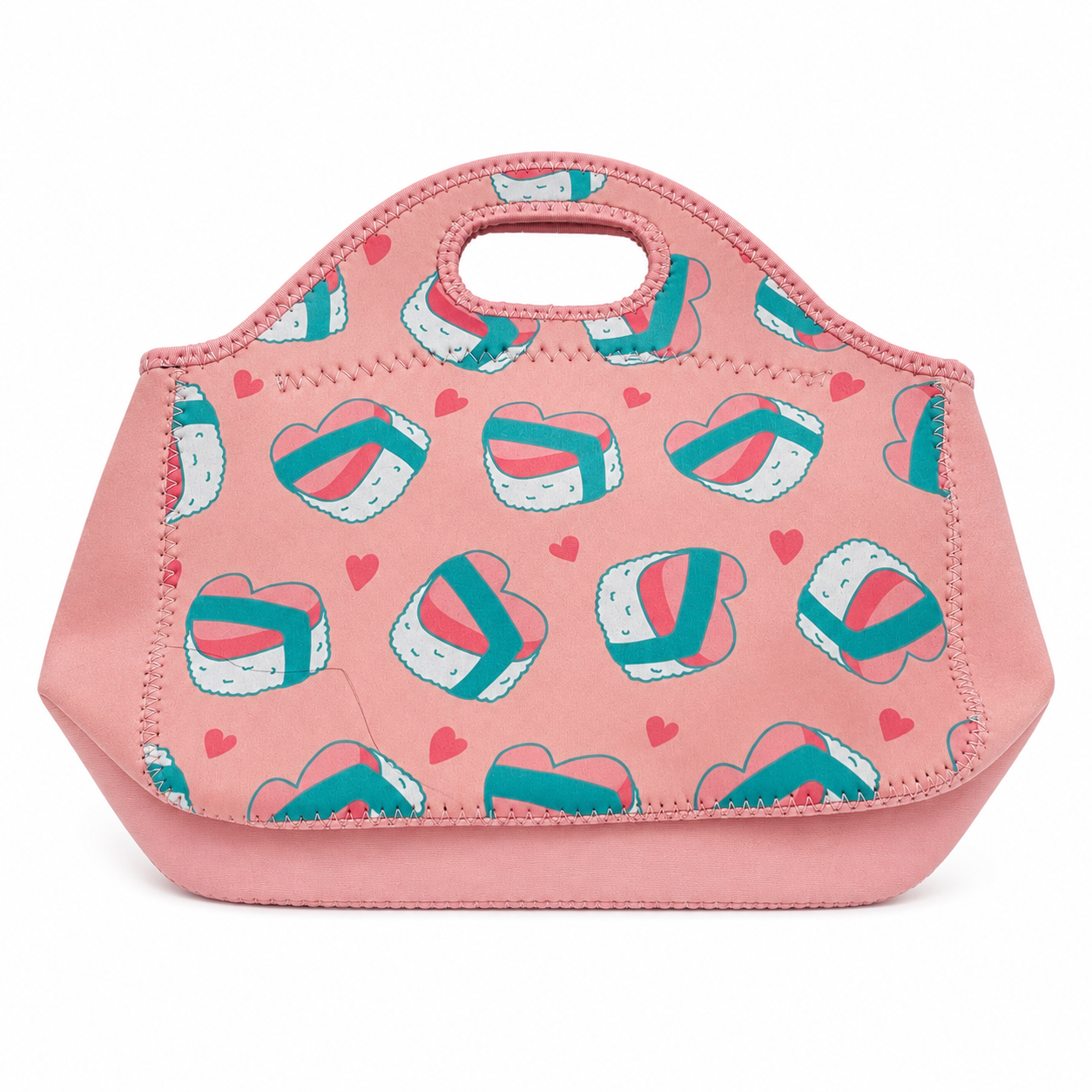 A pink insulated lunch bag with a handle, featuring an all-over sushi print with teal, pink, and white pieces and small red hearts, shown on a white background.