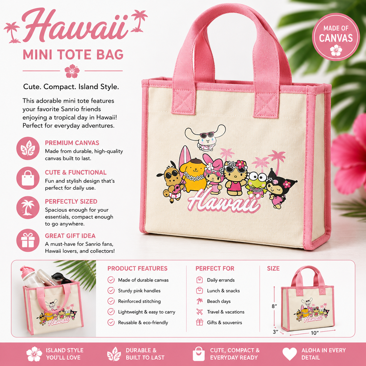 Hello Kitty Hawaiʻi Canvas Mini Tote Bag – Pink Trim Character Island Tote
