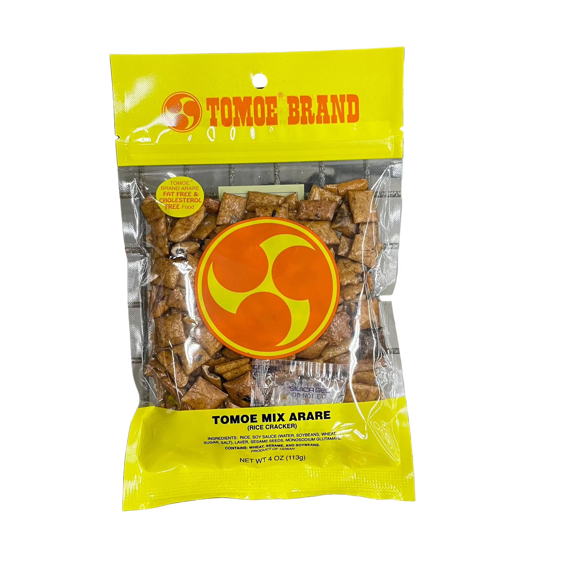 Packaged rice crackers with Tomoe Brand label on a metal surface