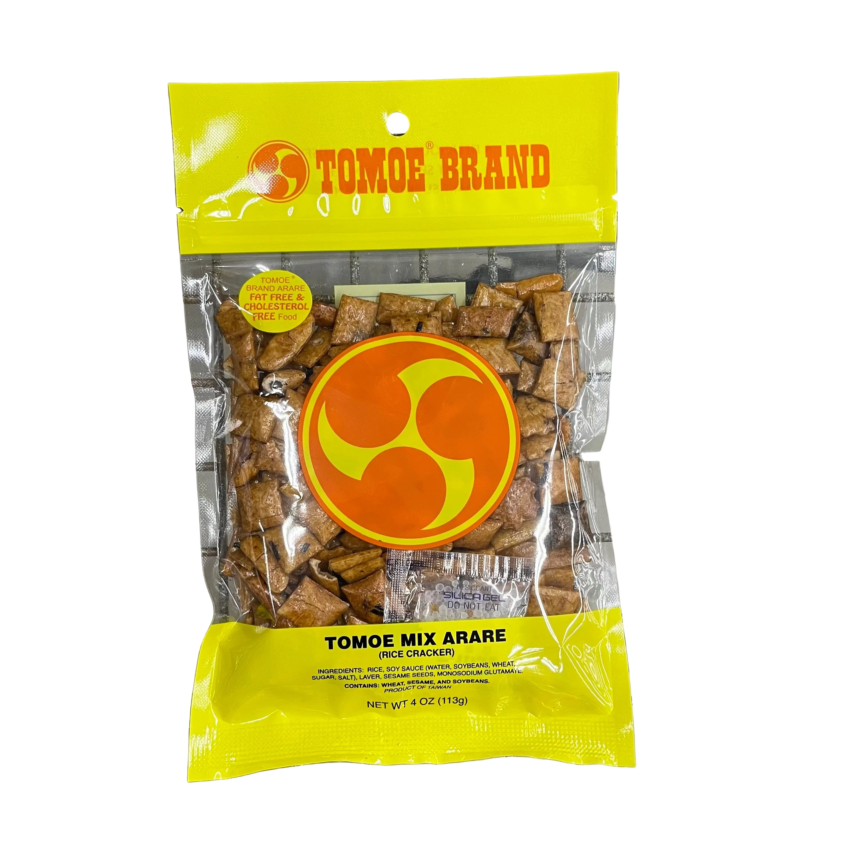 Packaged rice crackers with Tomoe Brand label on a metal surface