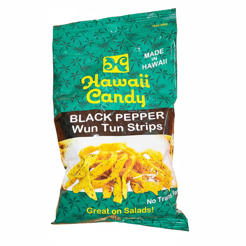 Packaging of Hawaii Candy Black Pepper Wun Tun Strips on a hexagonal patterned surface