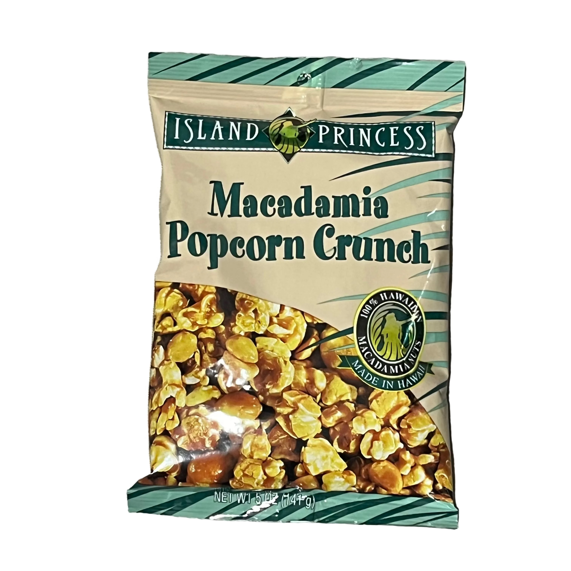 Packaged macadamia popcorn crunch on a white  surface