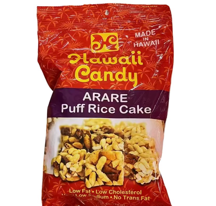 Packaged Arare Puff Rice Cake from Hawaii Candy on an orange lattice background