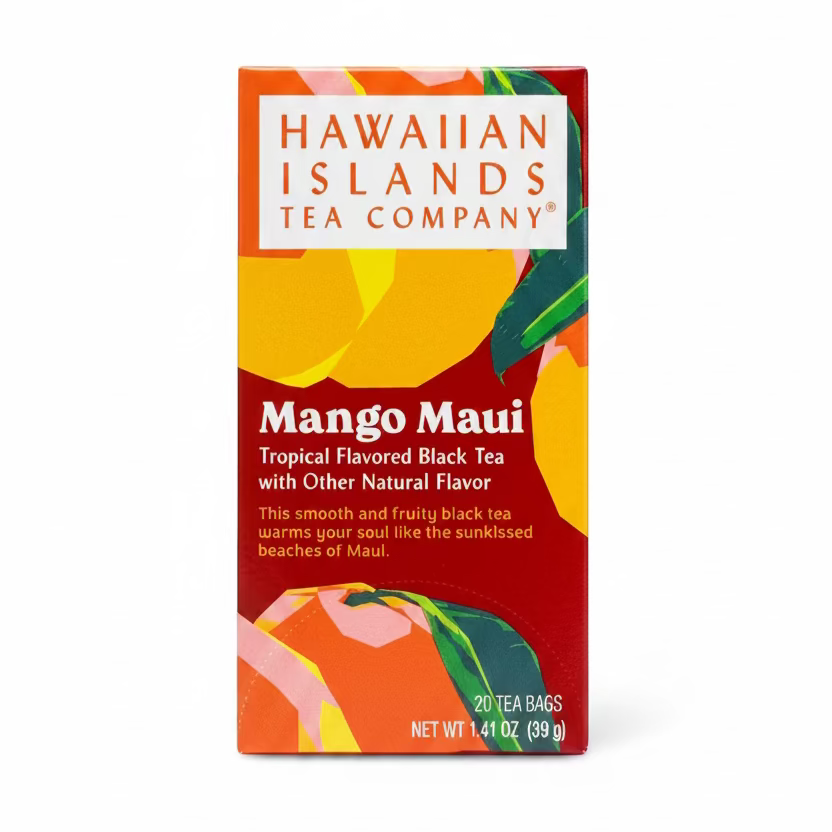 Box of Hawaiian Islands Tea Company Mango Maui tea on a white background 