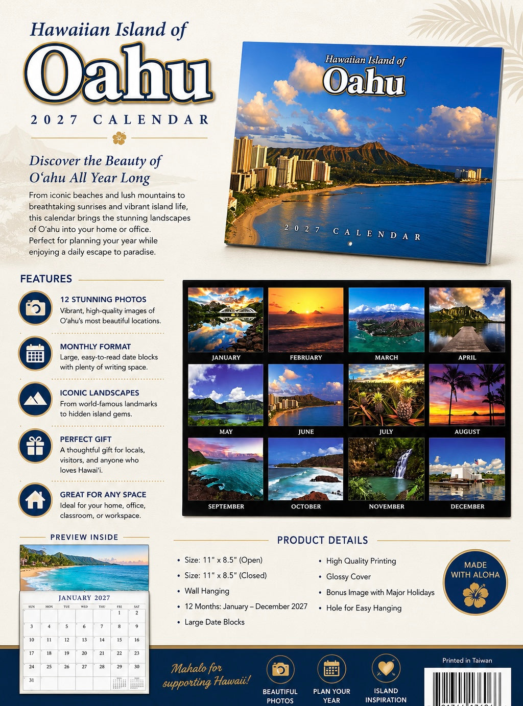 Hawaiian Island of Oʻahu 2027 Calendar – Scenic Hawaiʻi Wall Calendar