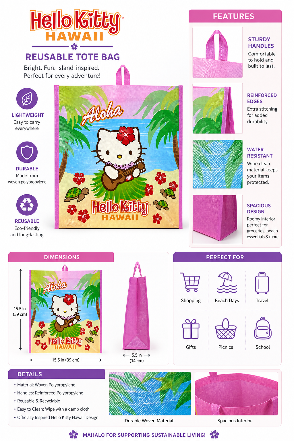 Hello Kitty Hawaii Ukulele Tote Bag