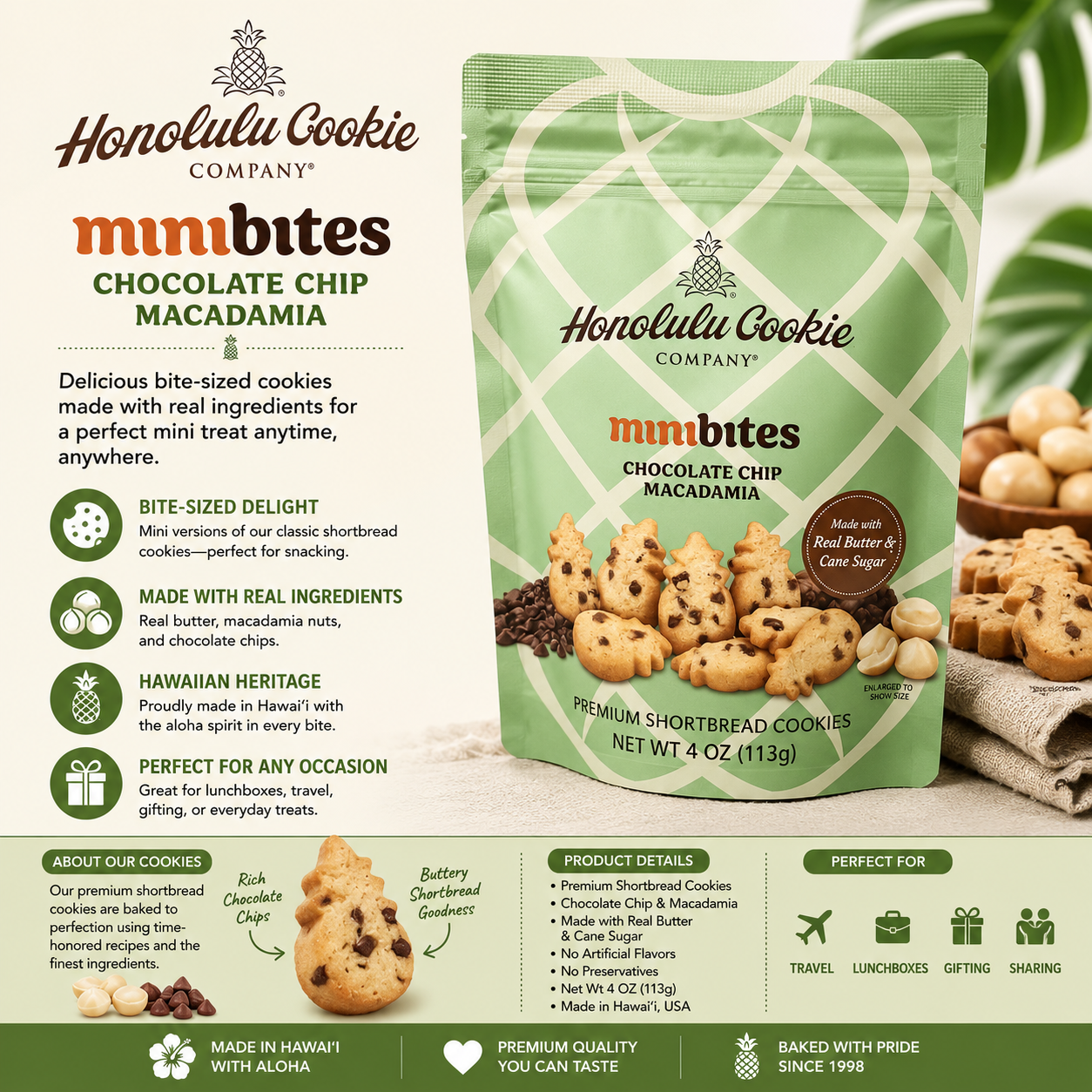 Honolulu Cookie mini bites, Chocolate Chip Macadamia 4oz
