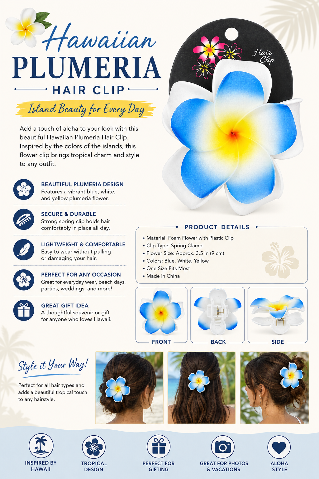 Hawaii Blue Plumeria Hair Clip
