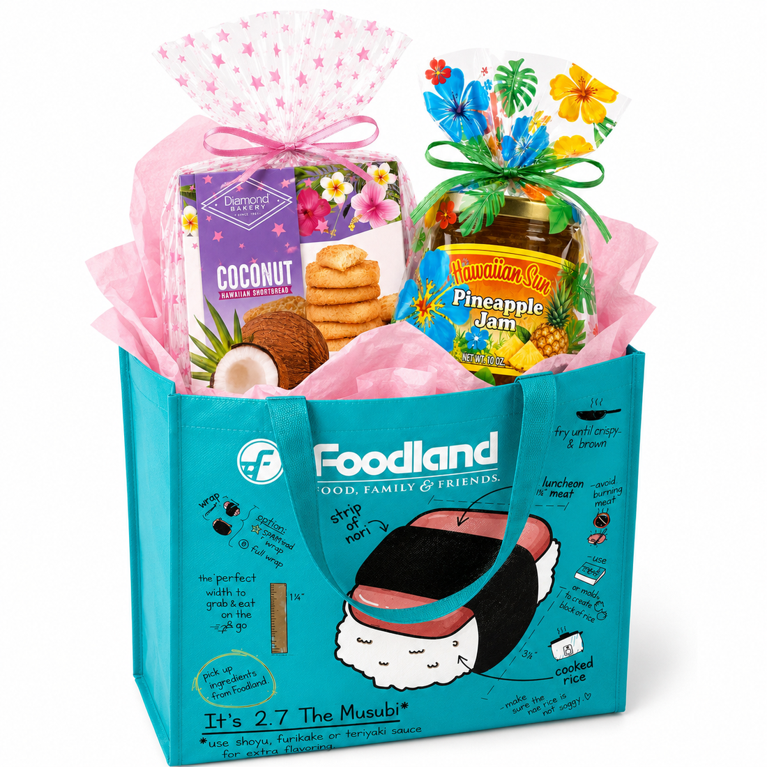A gift basket filled with assorted snacks and treats, wrapped in pink tissue paper and decorated with tropical leaves. Visible items include a package of Hawaiian Pineapple Jam, a coconut cookie snack, and a box of Bon Appét Coconut Flavored Oreo cookies, all presented in a bright blue tote bag with a sushi illustration.