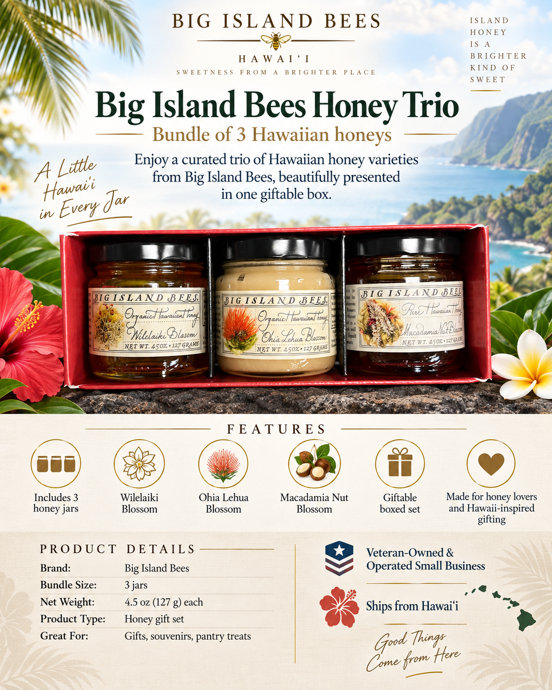 Big Island Honey Bees Hawaiian, Wililaiki, Ohia Lehua, Macnut Blossom 4.5oz