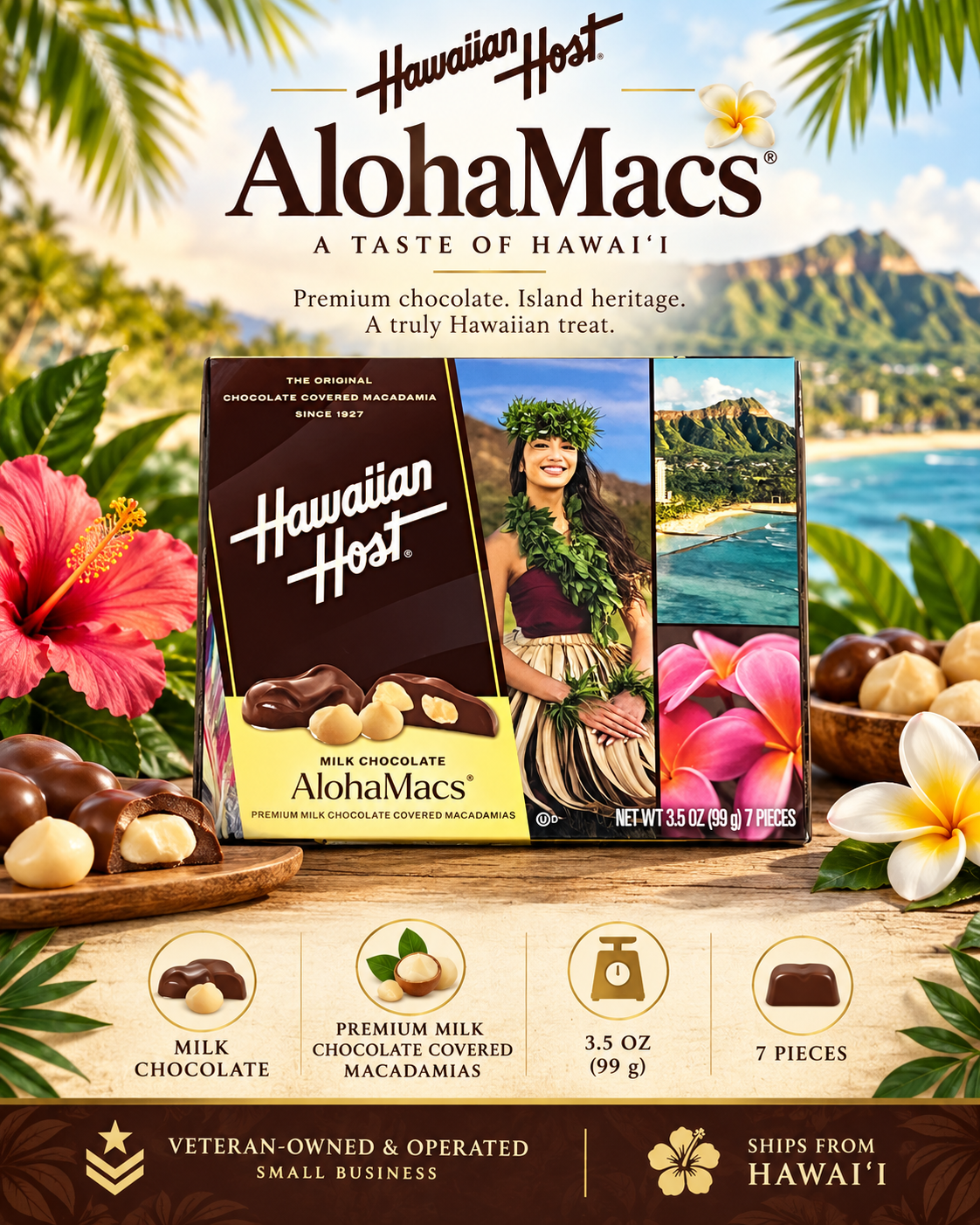 Hawaiian Host Aloha Macs Milk Chocolate 3.5oz