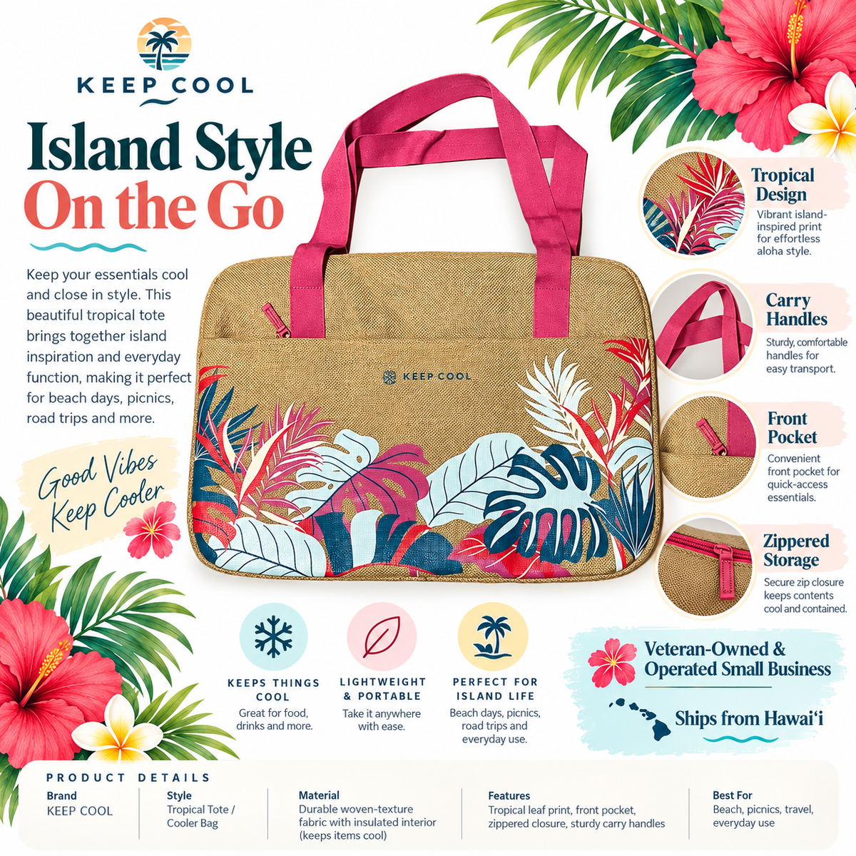 Canvas Tropical Leaves Extra Large Shopping Cooler Tote Bag