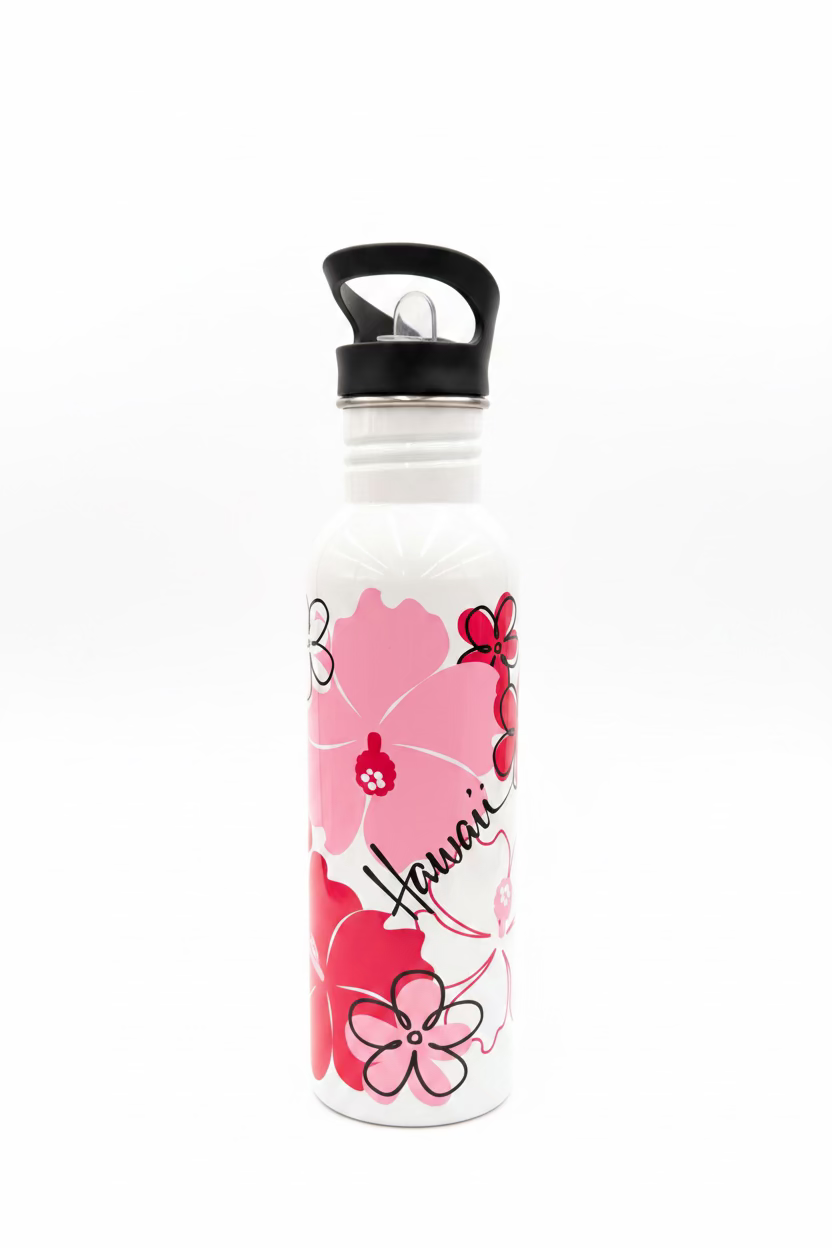 Hawaii Hibiscus White Aluminum Bottle