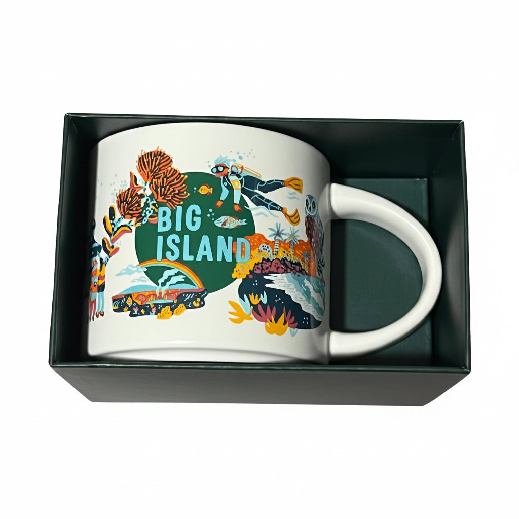 Mug with 'Big Island' design in a black box on a wooden surface