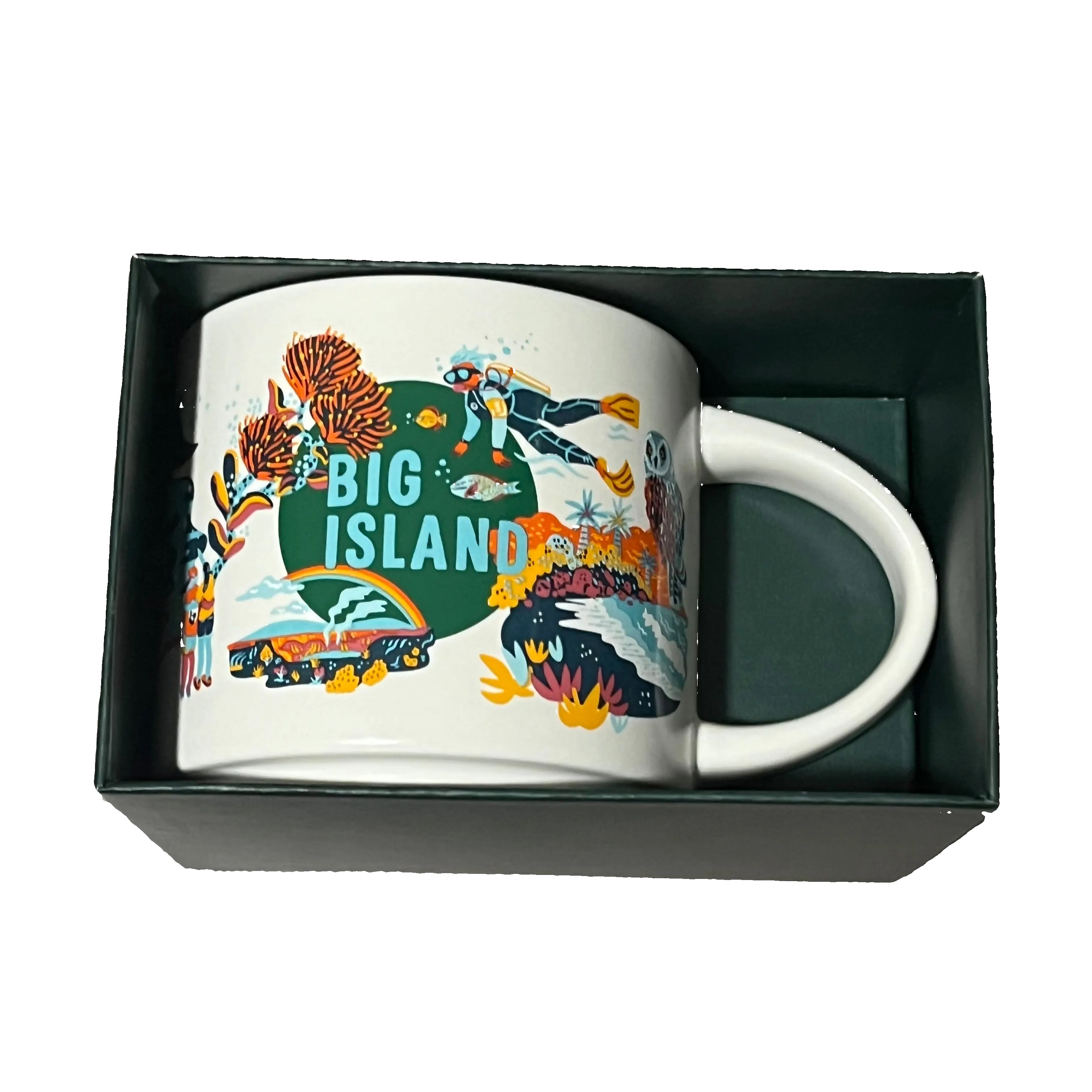 Mug with 'Big Island' design in a black box on a wooden surface