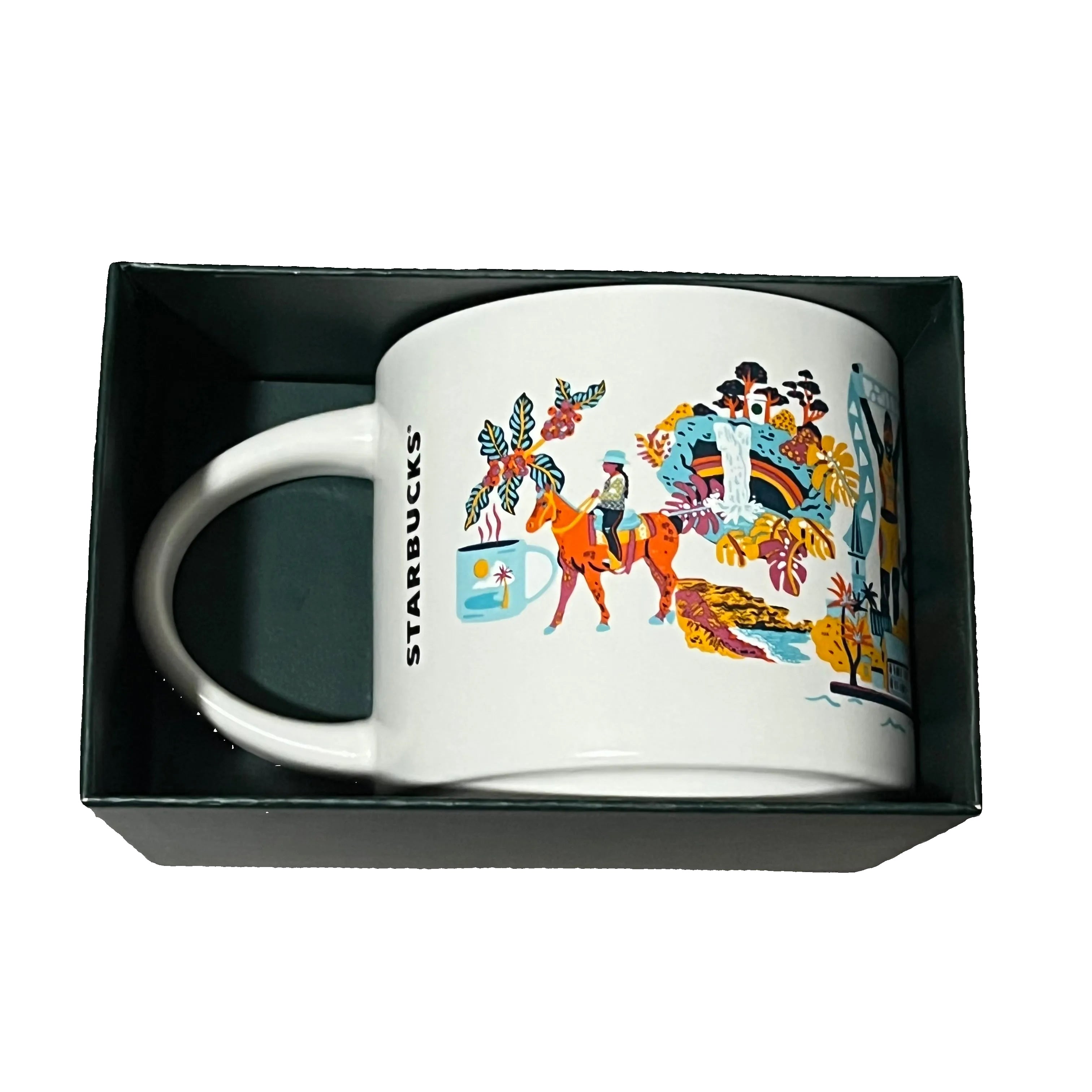 Starbucks mug with colorful design in a black box