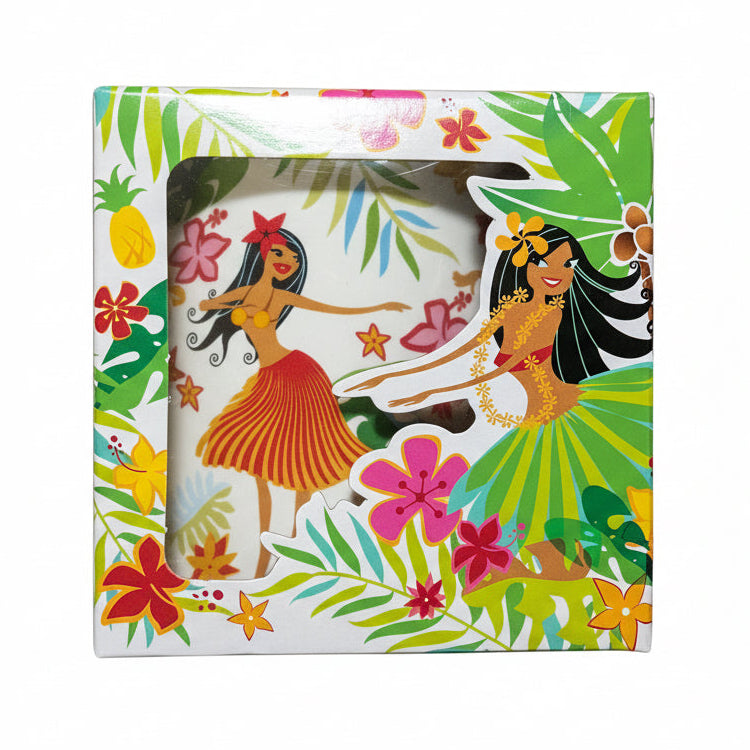 Packaged product with illustrations of characters in hula outfits on a floral background