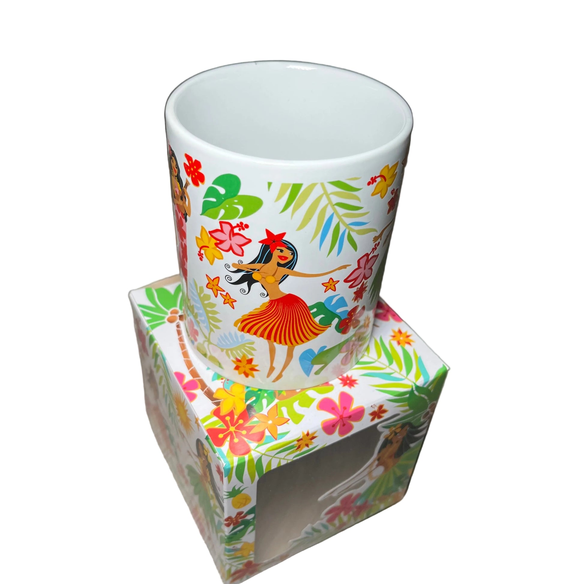 Colorful mug with floral and character design on a matching box against a dark background