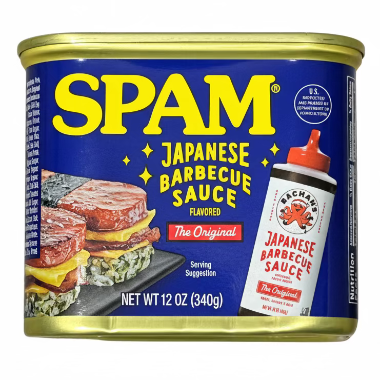Can of SPAM Japanese Barbecue Sauce on a gray surface